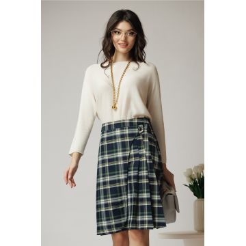 Fusta office din viscoza bleumarin cu carouri verzi