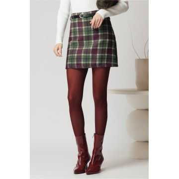 Fusta scurta casual din stofa magenta cu carouri verzi si curea in talie