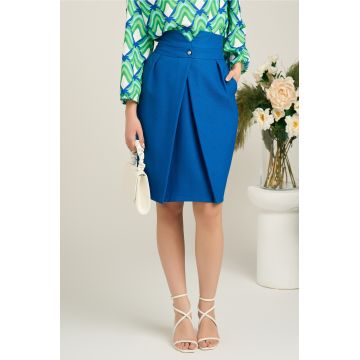 Fusta scurta office albastra din stofa cu croi lalea si decupaj in talie Fusta scurta office albastra din stofa cu croi lalea si decupaj in talie