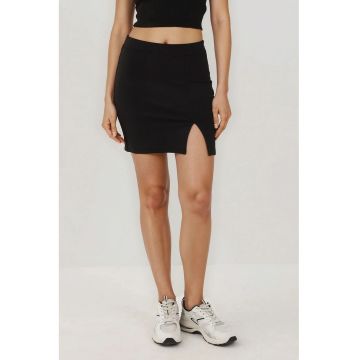 Fuste -  fusta mini cu talie elastica si crapatura - negru - viscoza si elastan