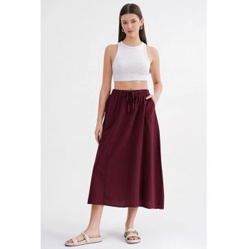 Fusta  cu talie inalta - detaliu snur - rosu burgund - textil