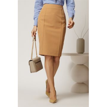 Fusta DY Fashion maro camel conica cu nervuri