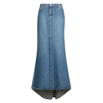 Fusta evazata din denim cu slit frontal si talie inalta