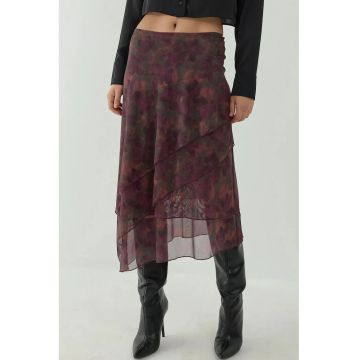 Fusta  Fusta Midi cu Talie Inalta - imprimeu floral - rosu burgundy - textil