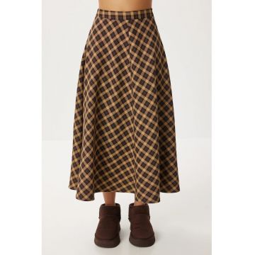 Fusta lunga - Happiness Istanbul - carouri - cu buzunare - maro/negru - textil