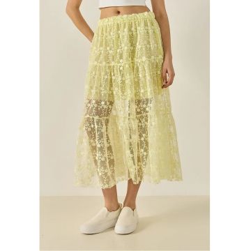 Fusta maxi -  cu talie inalta - detalii cu volane - galben - bumbac -