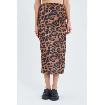 Fusta Midi -  cu Talie Inalta - Imprimeu Leopard - Multicolor -