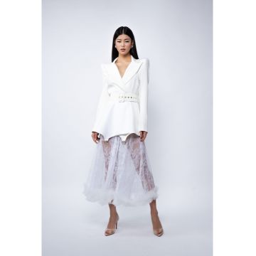 Fusta midi din dantela cu volan din tull