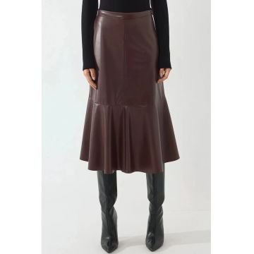 Fusta midi -  din imitatie de piele - talie inalta - visiniu - pentru femei