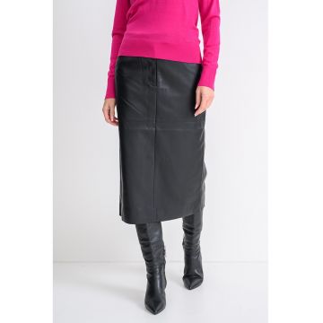Fusta midi din piele ecologica cu buzunare