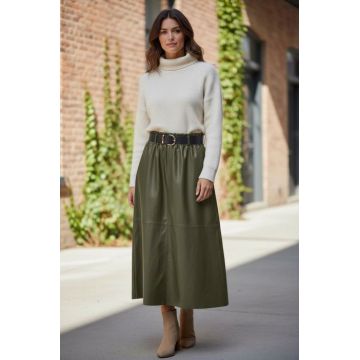 Fusta midi evazata, cu volan, din piele ecologica, cu talie elastica, kaki
