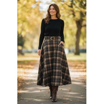 Fusta midi evazata in carouri, cu talie inalta si buzunare laterale, im5