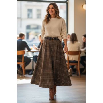 Fusta midi evazata in carouri, cu talie inalta si buzunare laterale, im7