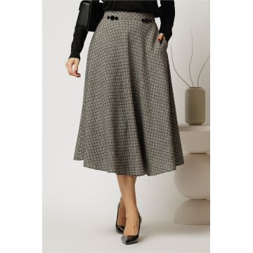 Fusta midi gri cu imprimeuri si nasturi decorativi pe talie