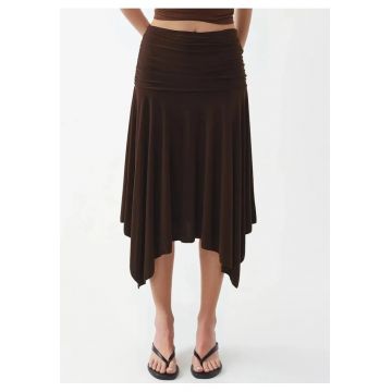 Fusta midi -  mulata - talie elastica - maro cafeniu - poliester si elastan