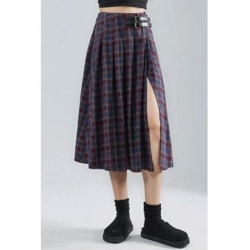 Fusta midi plisata  carouri - talie inalta - gri/rosu