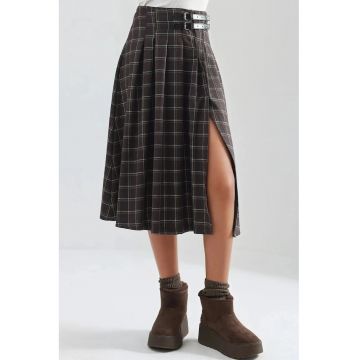 Fusta Midi Plisata  carouri - talie inalta - maro