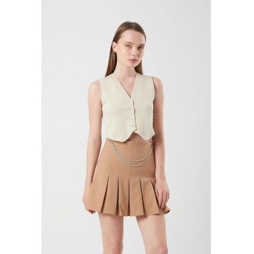 Fusta Midi Plisata  cu Detaliu Lant - Piatra Naturala - Textil