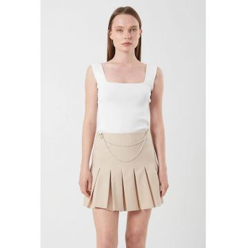 Fusta Midi Plisata  Talie Inalta - Bej Natural - Textil -