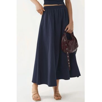 Fusta midi  talie elastica - buzunare - bleumarin