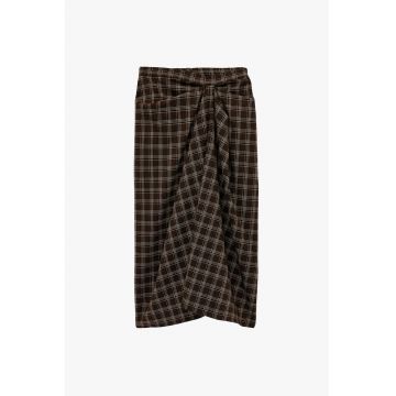 Fusta asimetrica cu detaliu nod - Maro inchis/Alb murdar