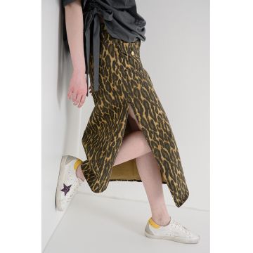 Fusta asimetrica cu slit lateral adanc si model animal print - Kaki/Ocru