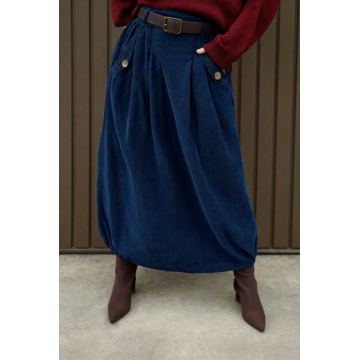 Fusta balon din catifea reiata cu curea si elastic lateral la baza, bleumarin