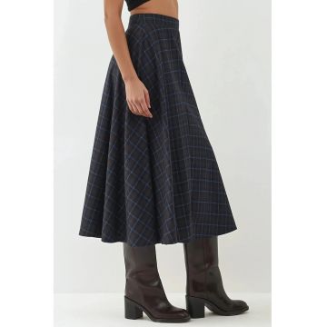 Fusta  carouri - talie inalta - albastru de miezul noptii - textil -
