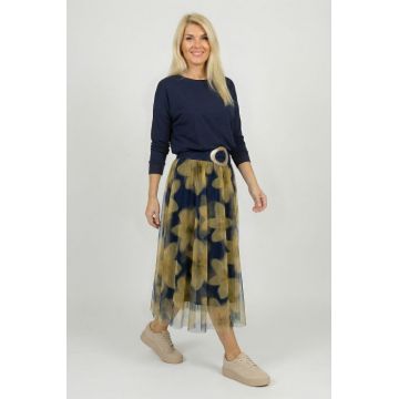 Fusta clos din tulle, bleumarin cu flori mari galbene