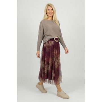 Fusta clos din tulle cu imprimeu floral in nuante de bordo