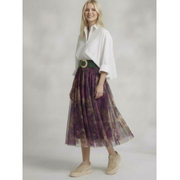 Fusta clos din tulle cu imprimeu florale in nunate de visiniu