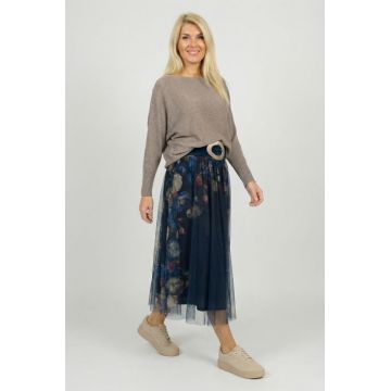 Fusta clos din tulle cu imprimeu lateral floral in nuante de bleumarin