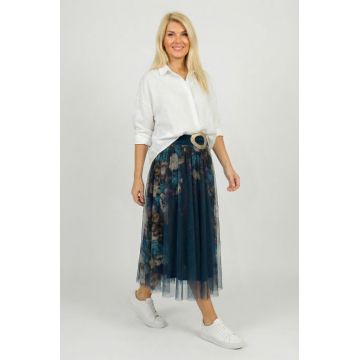 Fusta clos din tulle cu imprimeu lateral floral in nuante de turcoaz inchis