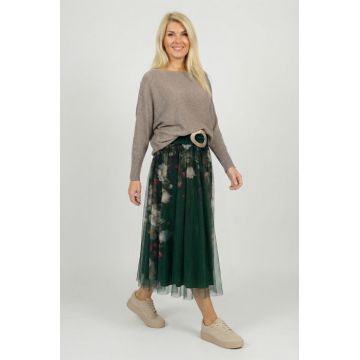 Fusta clos din tulle cu imprimeu lateral floral in nuante de verde inchis