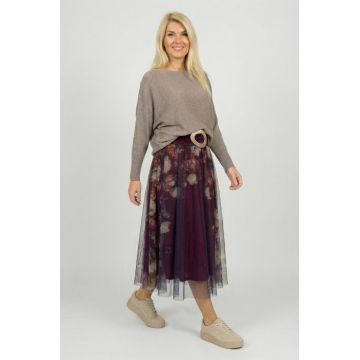 Fusta clos din tulle cu imprimeu lateral floral in nuante de visiniu
