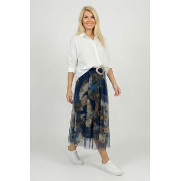 Fusta clos din tulle cu imprimeu pictural multicolor pe fond bleumarin