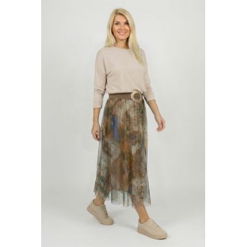 Fusta clos din tulle cu imprimeu pictural pastelat pe fond camel