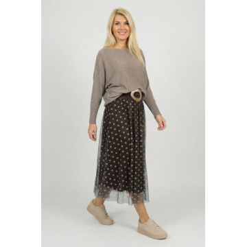 Fusta clos din tulle, maro cu buline bej