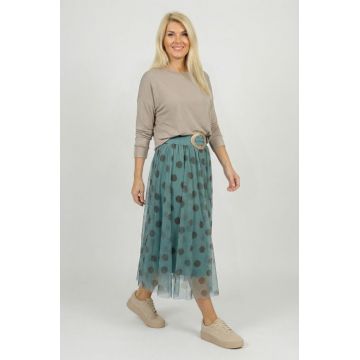 Fusta clos din tulle, turcoaz pastel cu buline maro deschis