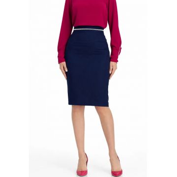 Fusta creion pana la genunchi din stofa elastica - accesorizata cu perle Negru - Albastru