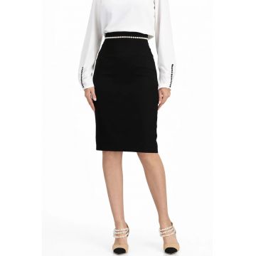 Fusta creion pana la genunchi din stofa elastica - accesorizata cu perle Negru - Negru