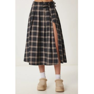 Fusta cu model in carouri - Happiness Istanbul - talie inalta - gri - textil