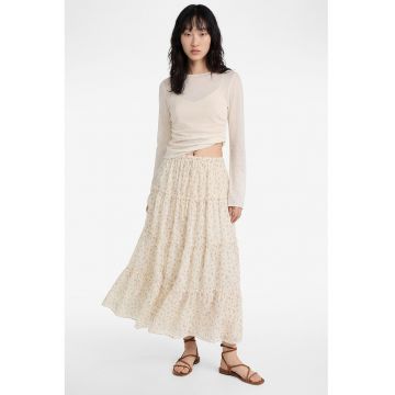 Fusta cu talie inalta - aspect stratificat si model floral - Lila/Crem