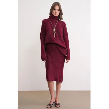 Fusta -  cu talie inalta - rosu - tricot -