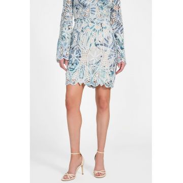 Fusta cu talie inalta si detalii de dantela - Alb/Albastru lavanda/Bej