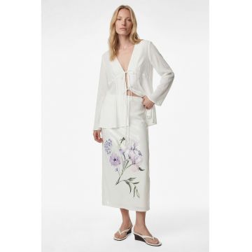 Fusta cu talie medie si model floral - Alb/Lila