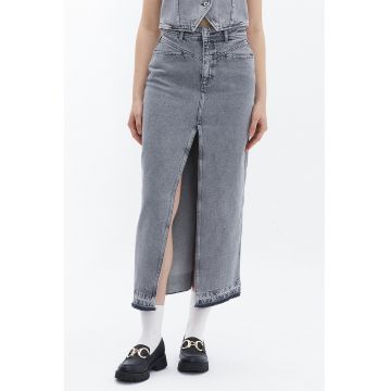 Fusta din denim cu slit pe partea din fata - Albastru melange