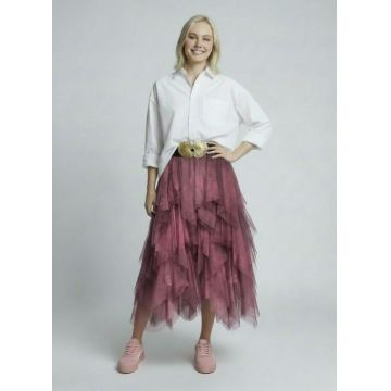 Fusta din tulle, in straturi inegale, lunga, bordo