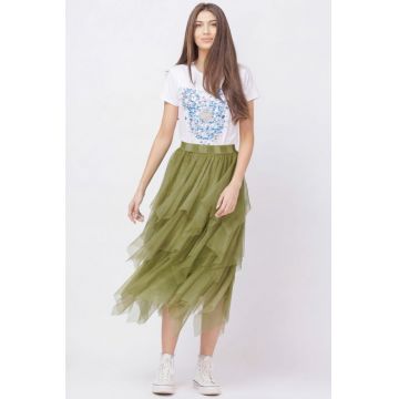 Fusta din tulle, in straturi inegale, lunga, verde oliv
