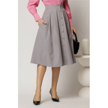 Fusta DY Fashion gri cu nasturi si pliuri din talie